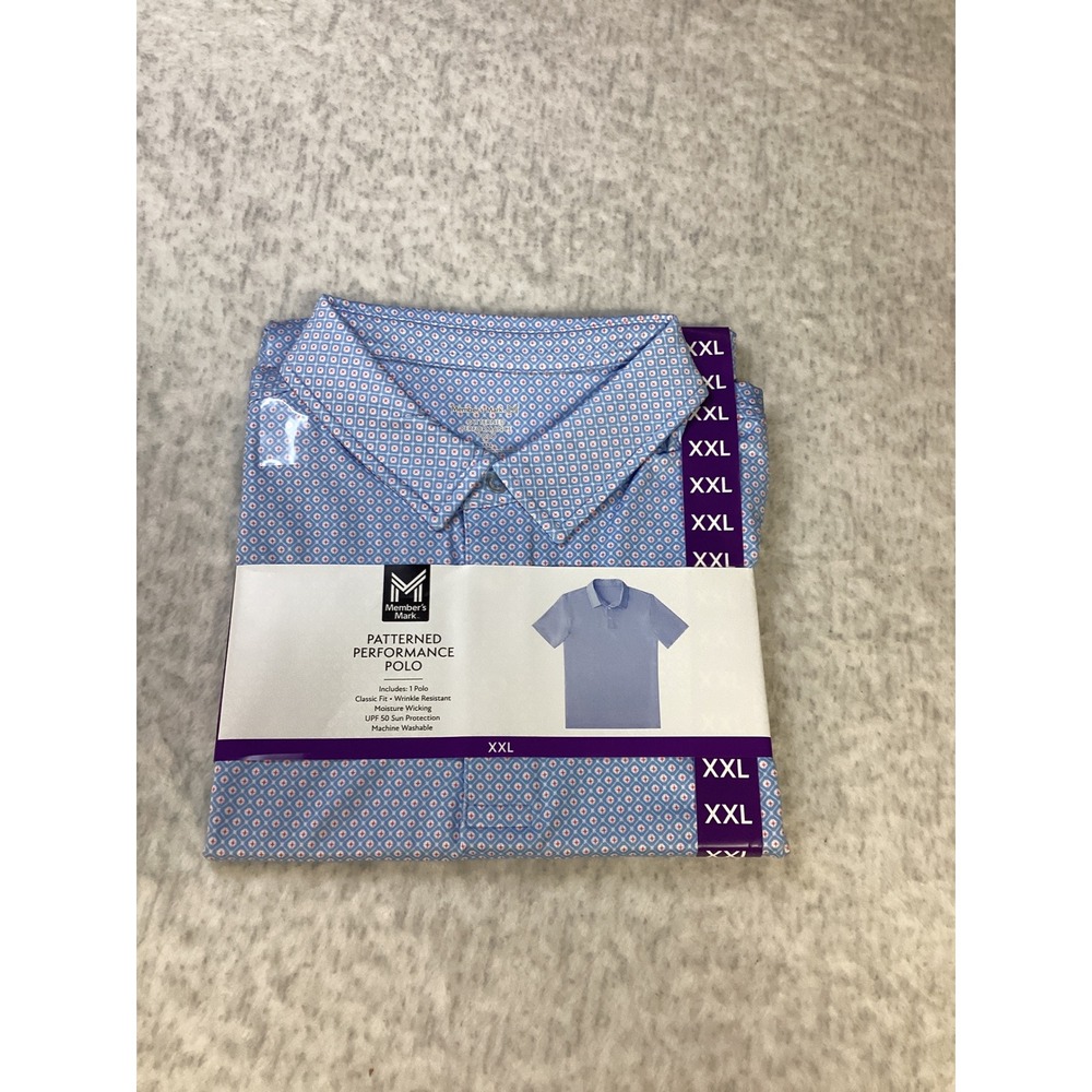 Members Mark Mens XXL Patterned Performance Polo‎ Blue Geometric UPF 50 Short Sl